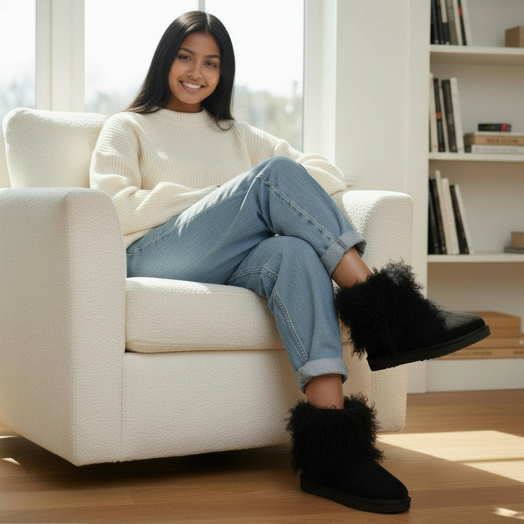 Tibetan Mongolian Lamb Fur Sheepskin Boots Mid Calf — Black