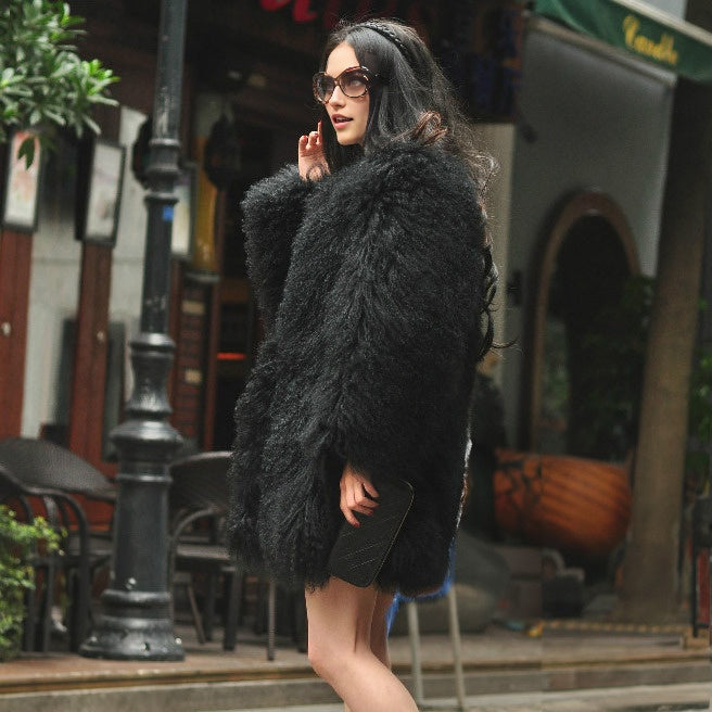 Mongolian/Tibetan Lamb Fur Collarless Coat - 31″ Black