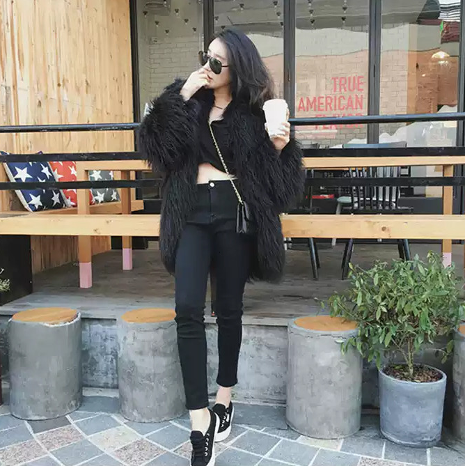 Mongolian/Tibetan Lamb Fur Collarless Coat - 31″ Black
