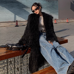 High Collar 55" Tibetan Mongolian Lamb Fur Coat Black