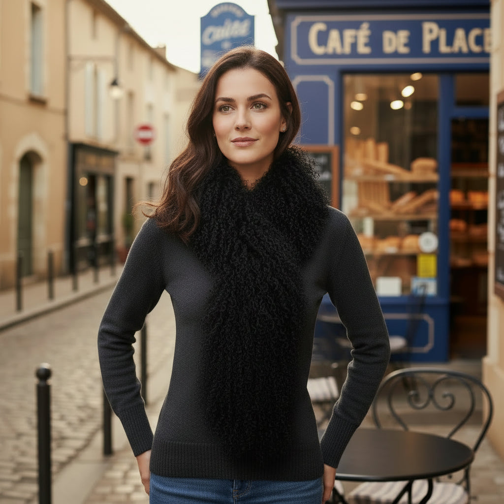 Tibetan Mongolian Lamb Fur Boa Scarf — Black