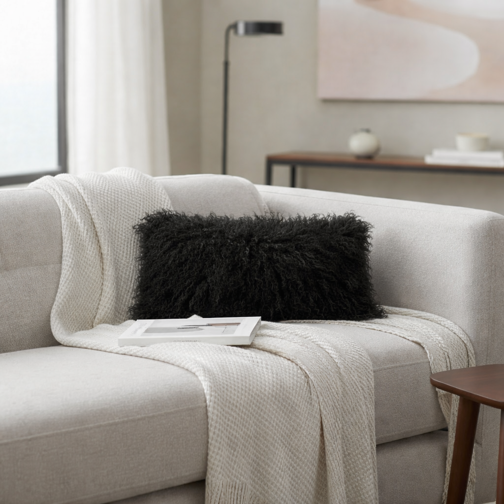 9" x 17" Tibetan Mongolian Lamb Fur Pillow Double Sided — Black
