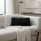 9" x 17" Tibetan Mongolian Lamb Fur Lumbar Pillow Single Sided — Black