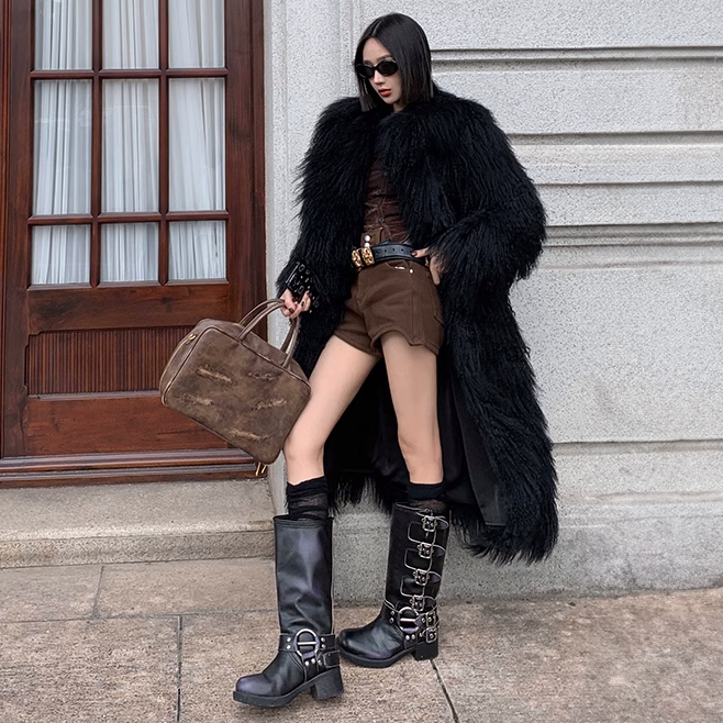 Tibetan Mongolian Lamb Fur Coat Black
