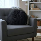 16" Round Tibetan Mongolian Lamb Fur Pillow Single Sided — Black