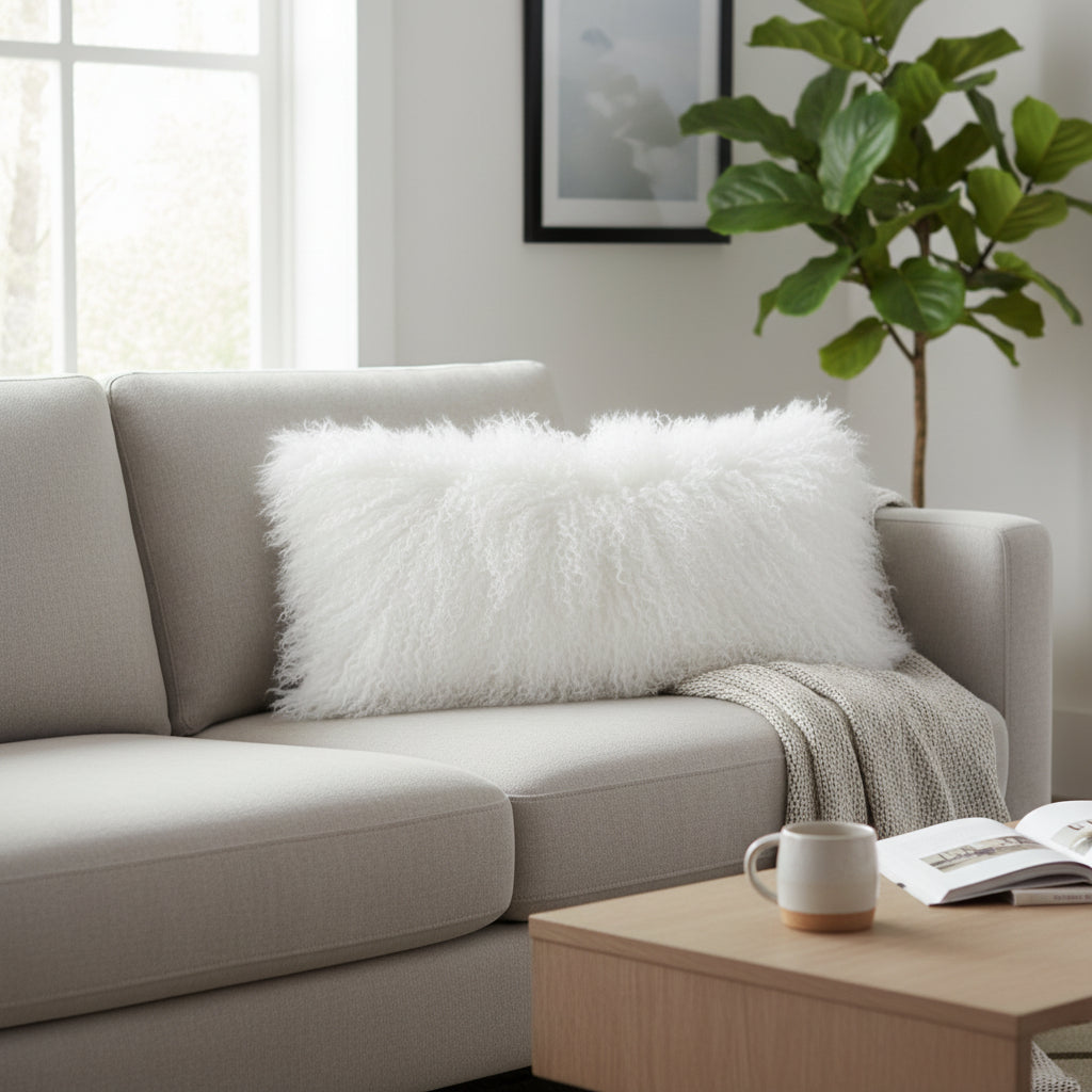 9" x 17" Tibetan Mongolian Lamb Fur Pillow Double Sided — Bleached White