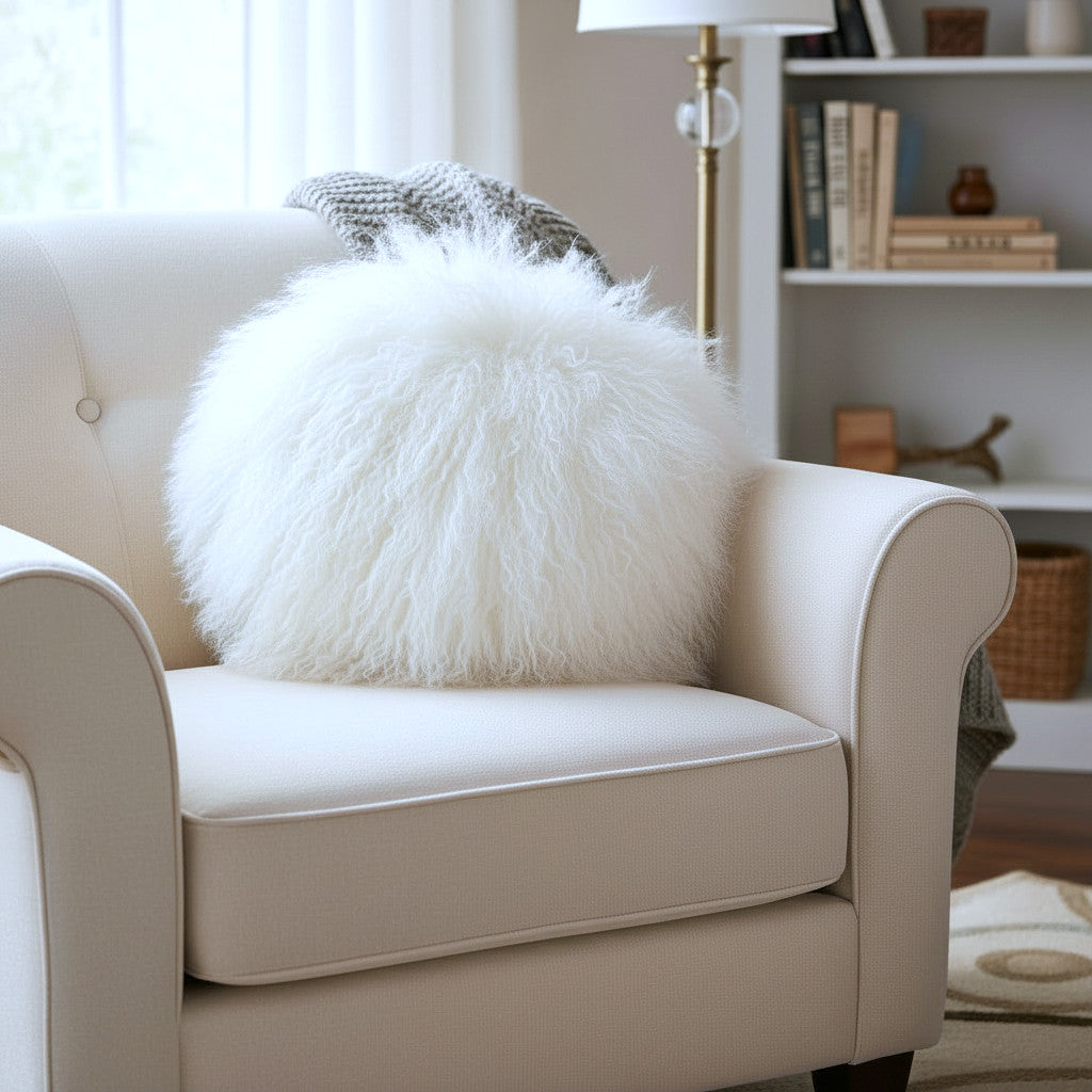 16" Round Tibetan Mongolian Lamb Fur Pillow Single Sided — Bleached White