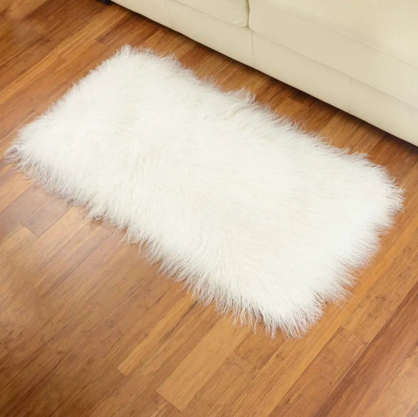 Bleached white Mongolian/Tibetan Lamb Fur Rug - 2' × 4'