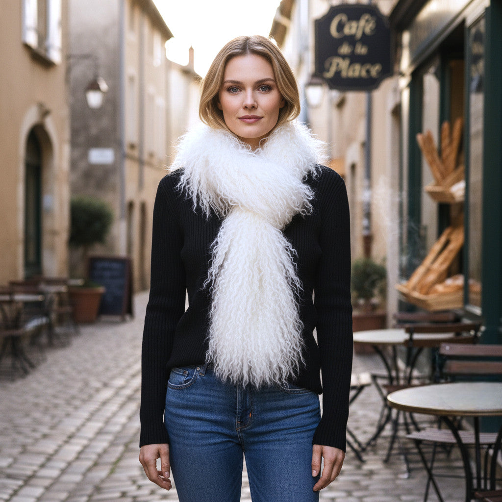 Tibetan Mongolian Lamb Fur Boa Scarf — Bleached White