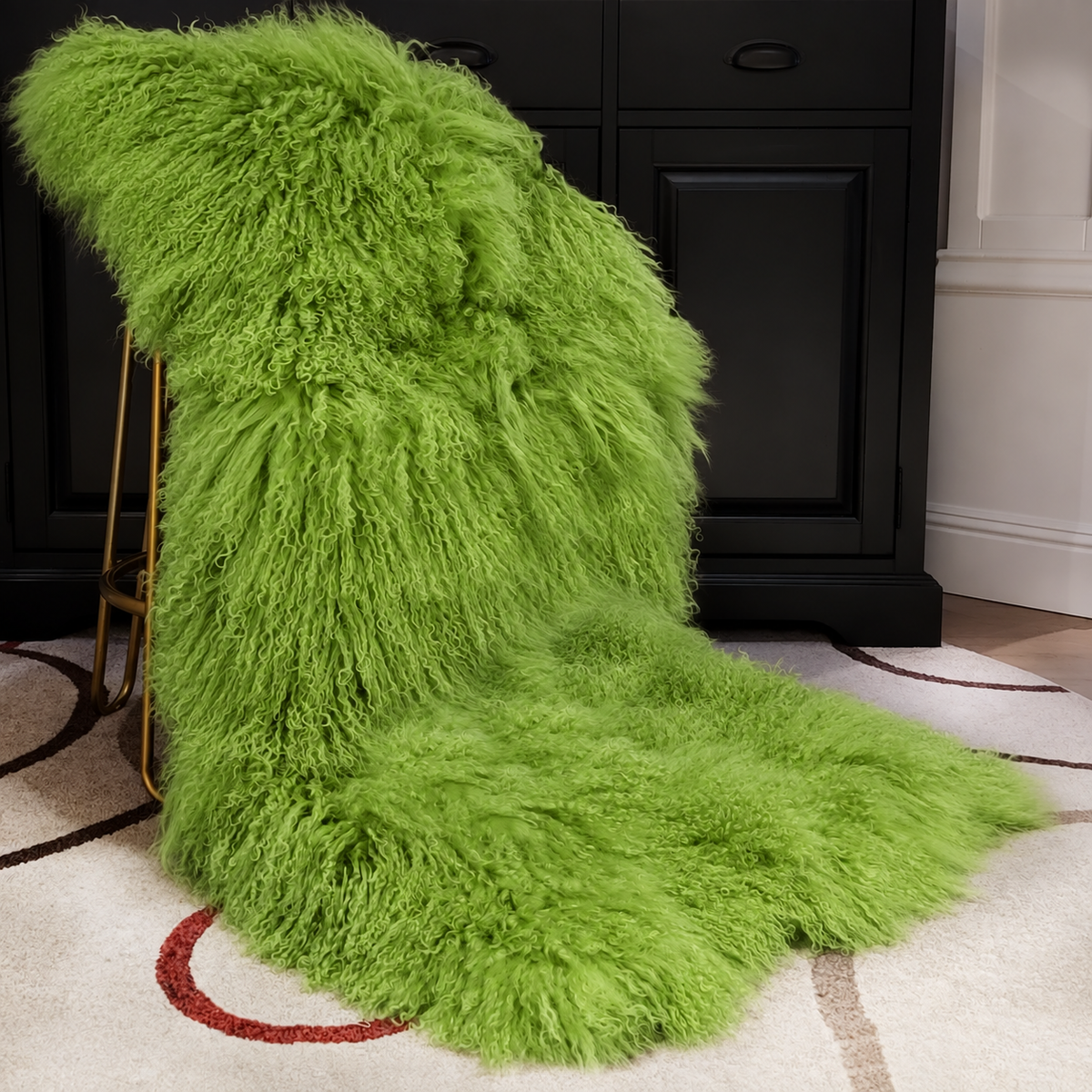 Bright green Mongolian/Tibetan Lamb Fur Sheepskin Plate - 2' × 4'