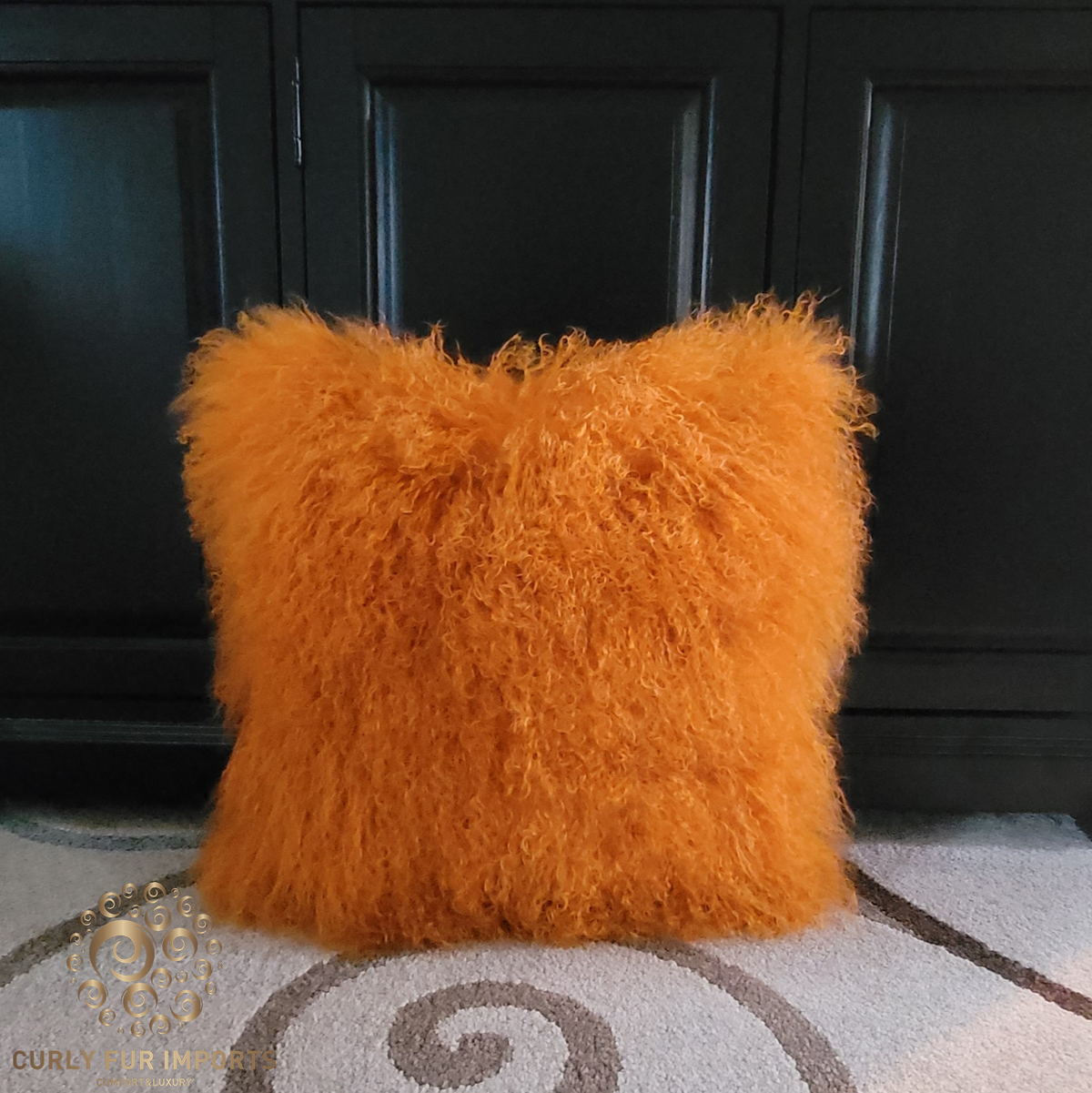 20" x 20" Tibetan Mongolian Lamb Fur Pillow Single Sided — Bright Orange