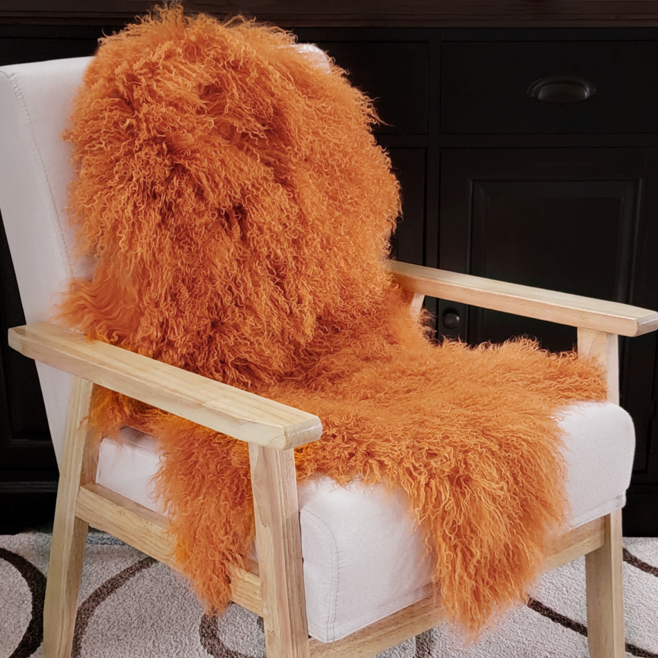 Tibetan Mongolian Lamb Fur Pelt Sheepskin — Bright Orange