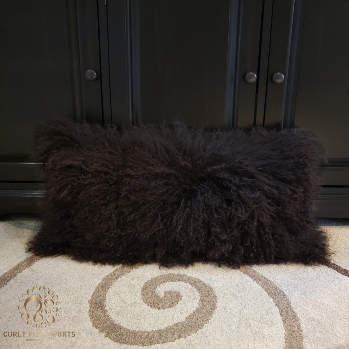 22" x 11" Tibetan Lamb Fur Pillow Single Sided Fur Brown