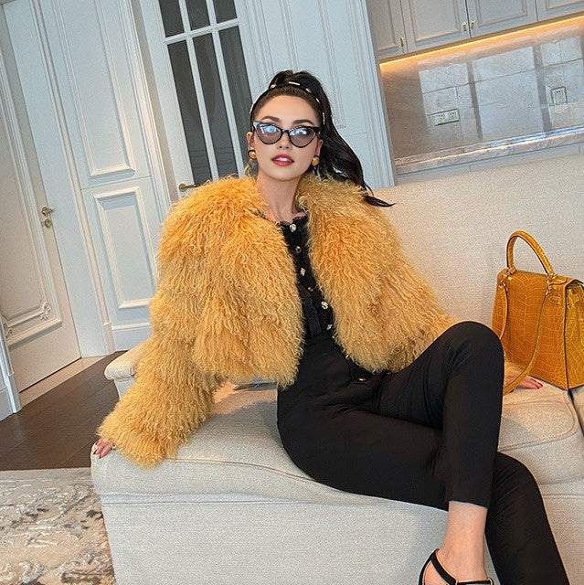 Mongolian/Tibetan Lamb Fur Bolero Jacket - Camel