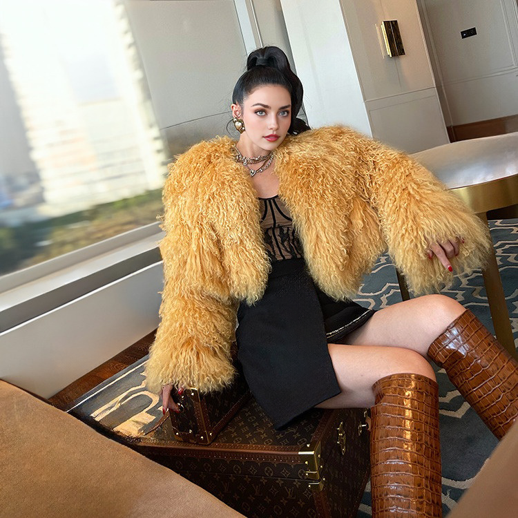 Mongolian/Tibetan Lamb Fur Bolero Jacket - Camel
