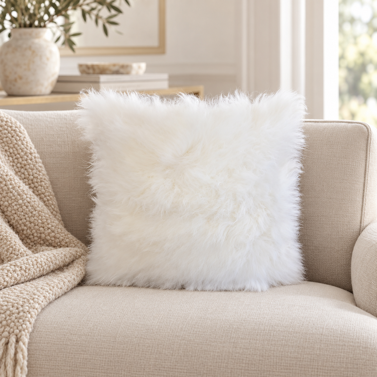 Cashmere Goat Fur Pillow – 18" x 18" Single-Sided