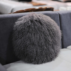 16" Round Tibetan Mongolian Lamb Fur Pillow Single Sided — Charcoal