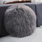 16" Round Tibetan Mongolian Lamb Fur Pillow Single Sided — Grey
