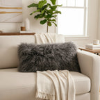 9" x 17" Tibetan Mongolian Lamb Fur Lumbar Pillow Single Sided — Charcoal