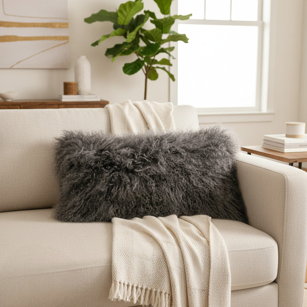 9" x 17" Tibetan Mongolian Lamb Fur Lumbar Pillow Single Sided — Charcoal
