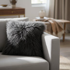 18" x 18" Tibetan Mongolian Lamb Fur Pillow Single Sided — Charcoal