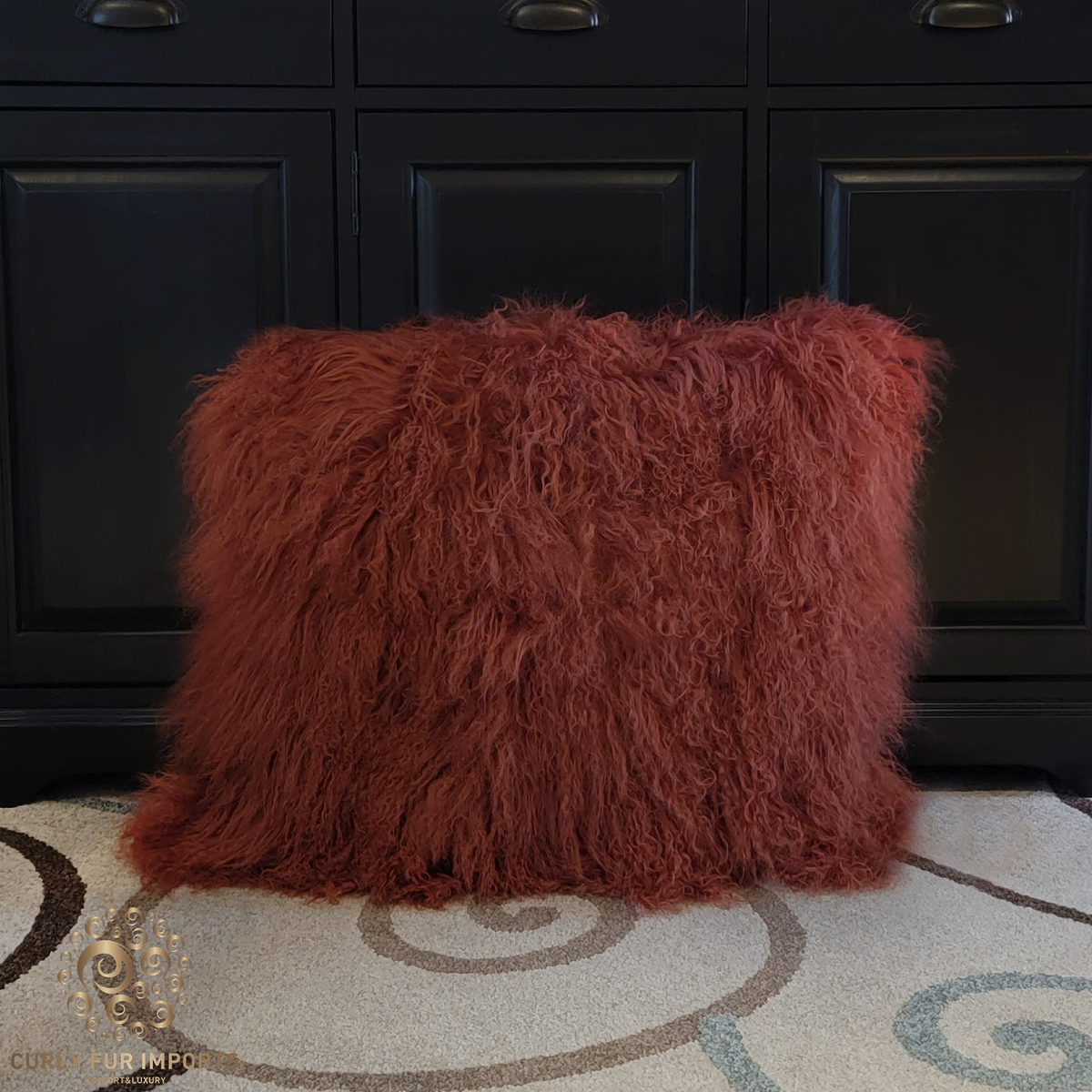 26" x 26" Tibetan Mongolian Lamb Fur Pillow Single Sided — Copper Red