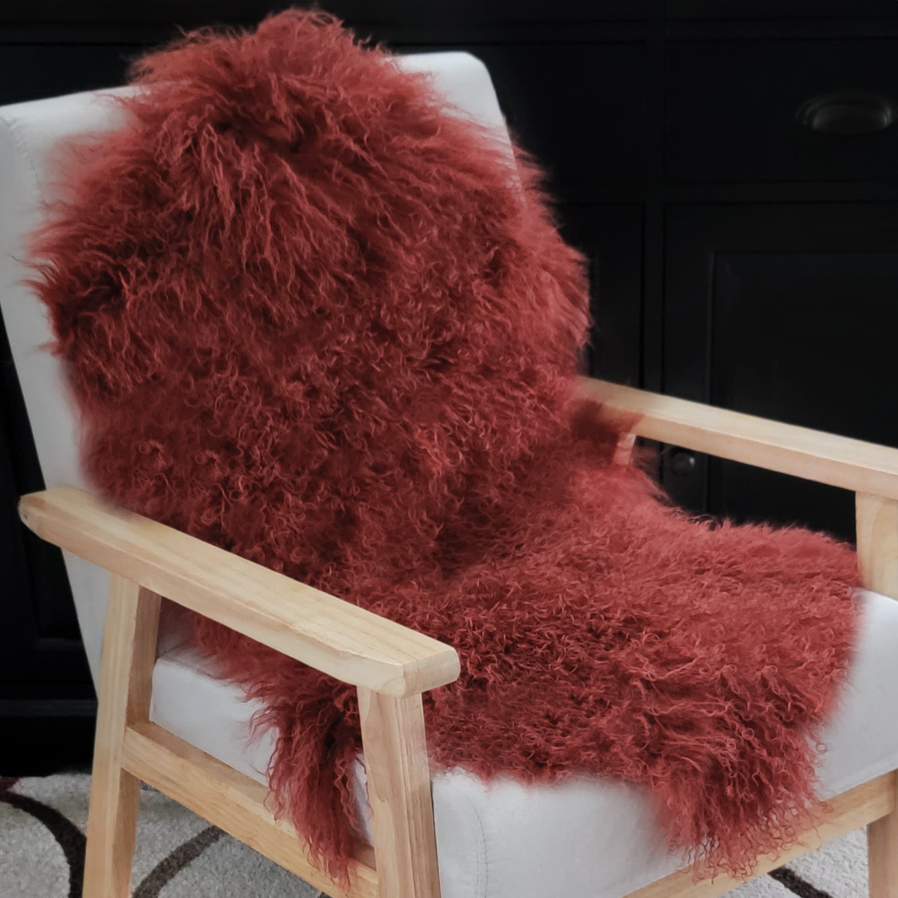 Tibetan Mongolian Lamb Fur Pelt Sheepskin — Copper Red