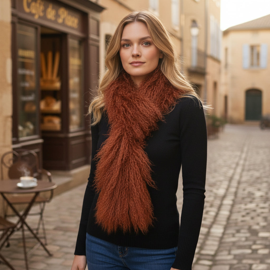 Tibetan Mongolian Lamb Fur Boa Scarf — Copper Red