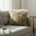 18" x 18" Tibetan Mongolian Lamb Fur Pillow Double Sided — Dark Beige