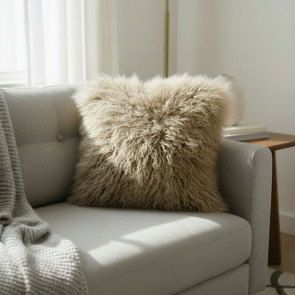 18" x 18" Tibetan Mongolian Lamb Fur Pillow Double Sided — Dark Beige