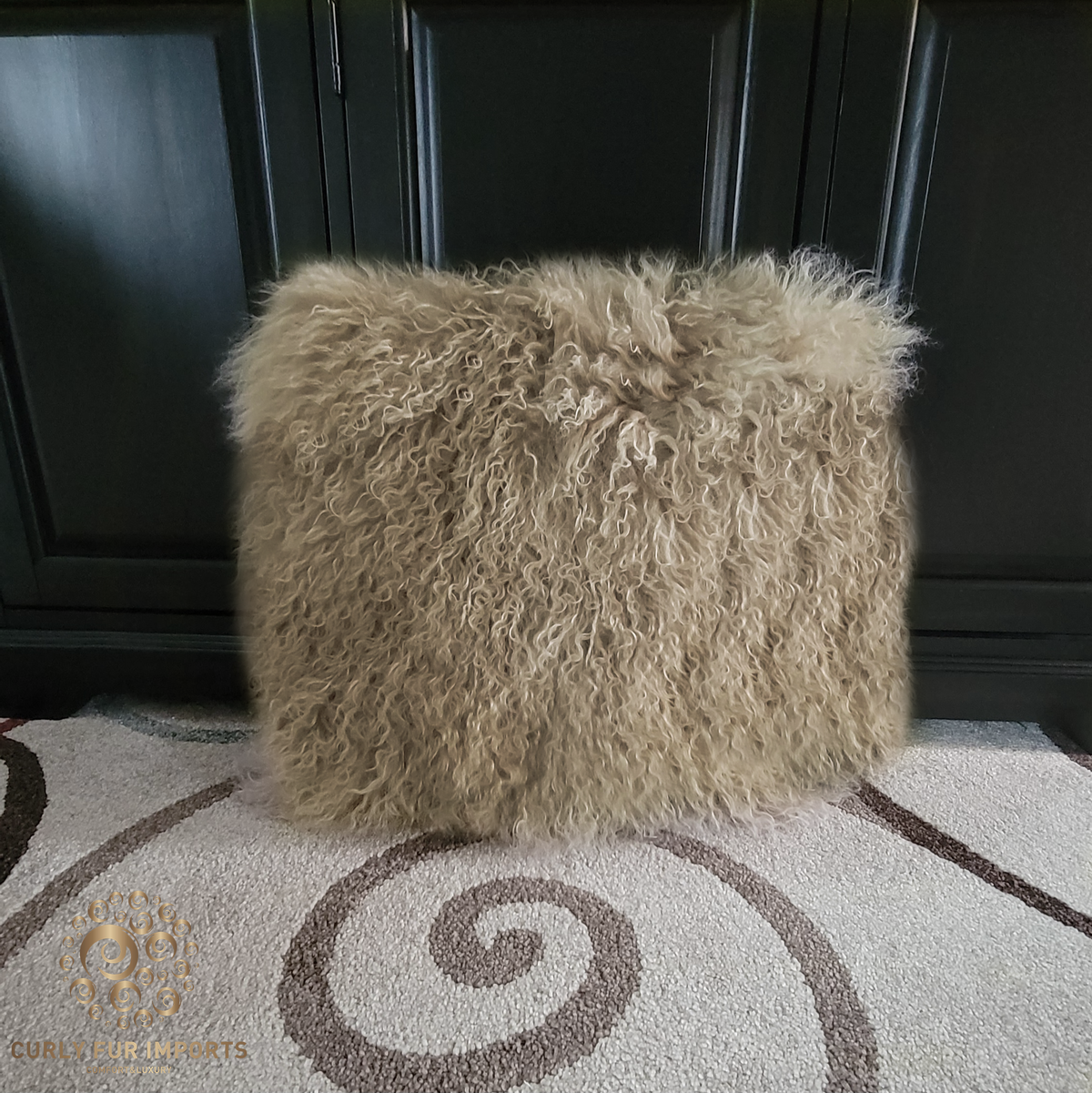 22" x 22" Tibetan Mongolian Lamb Fur Pillow Single Sided — Dark Beige