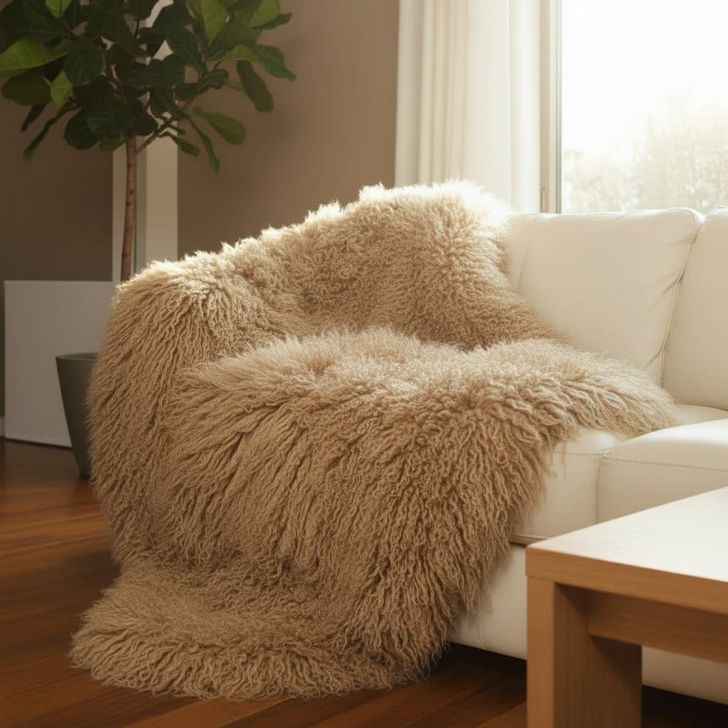 Mongolian/Tibetan Lamb Fur Throw – 4′ × 6′ — Dark Beige