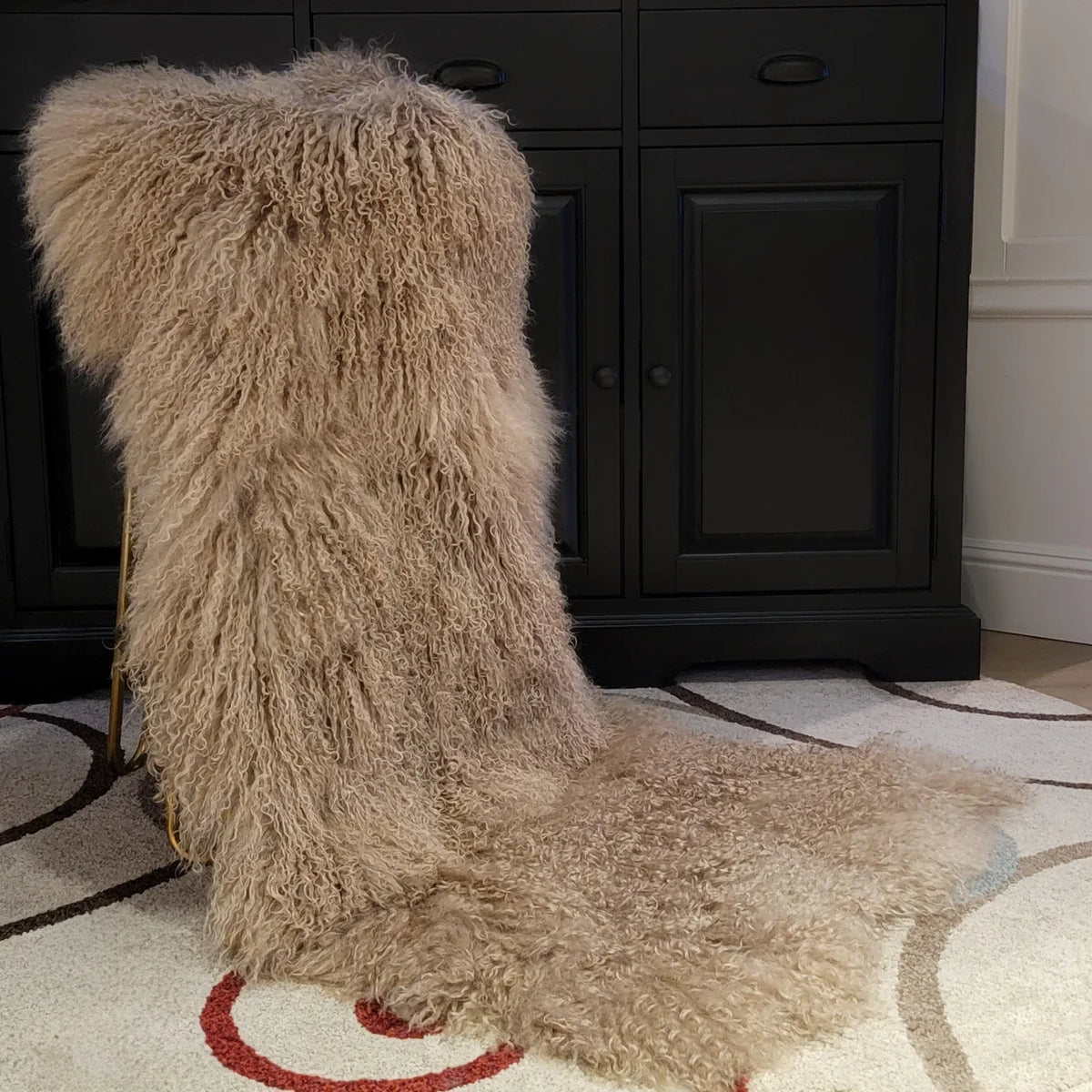 Mongolian/Tibetan Lamb Fur Sheepskin Plate – 2' × 4' - Dark Beige