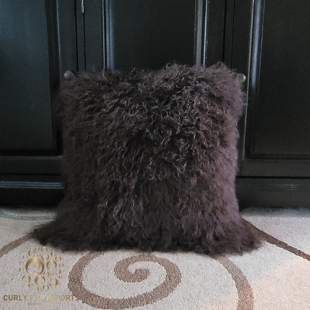 26" x 26" Tibetan Mongolian Lamb Fur Pillow Single Sided — Dark Brown