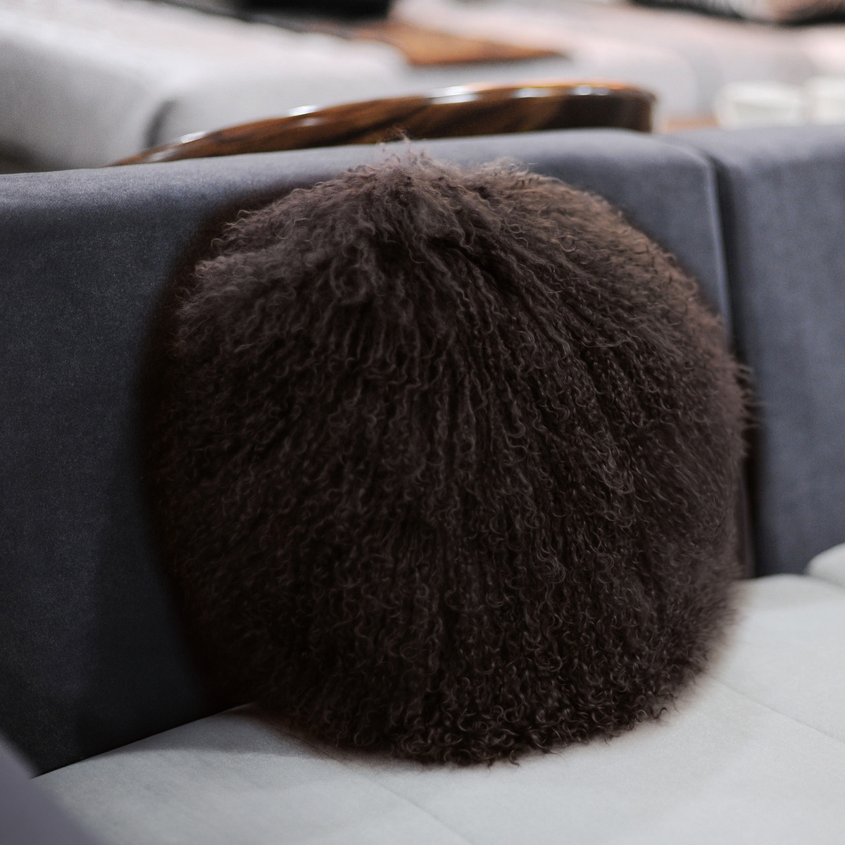 16" Round Tibetan Mongolian Lamb Fur Pillow Single Sided — Dark Brown