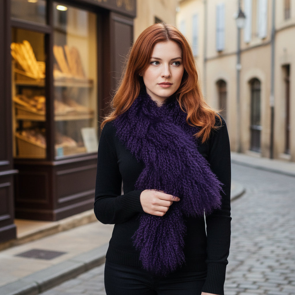 Tibetan Mongolian Lamb Fur Scarf — Dark Purple
