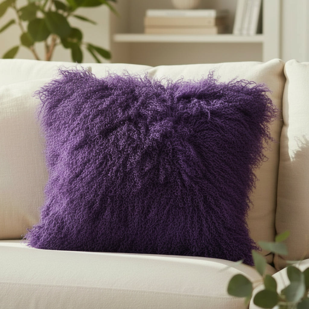 18" x 18" Tibetan Mongolian Lamb Fur Pillow Single Sided — Dark Purple