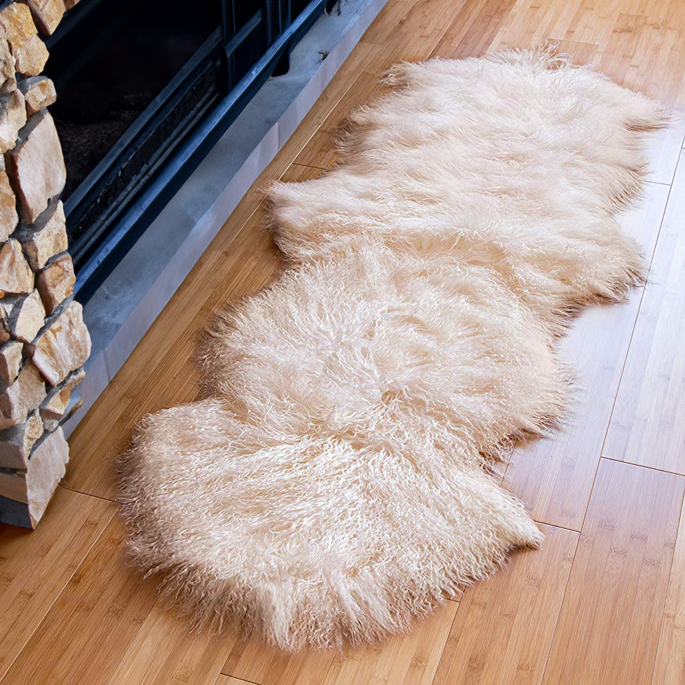 Tibetan Mongolian Lamb Fur Double Hide Rug — Beige