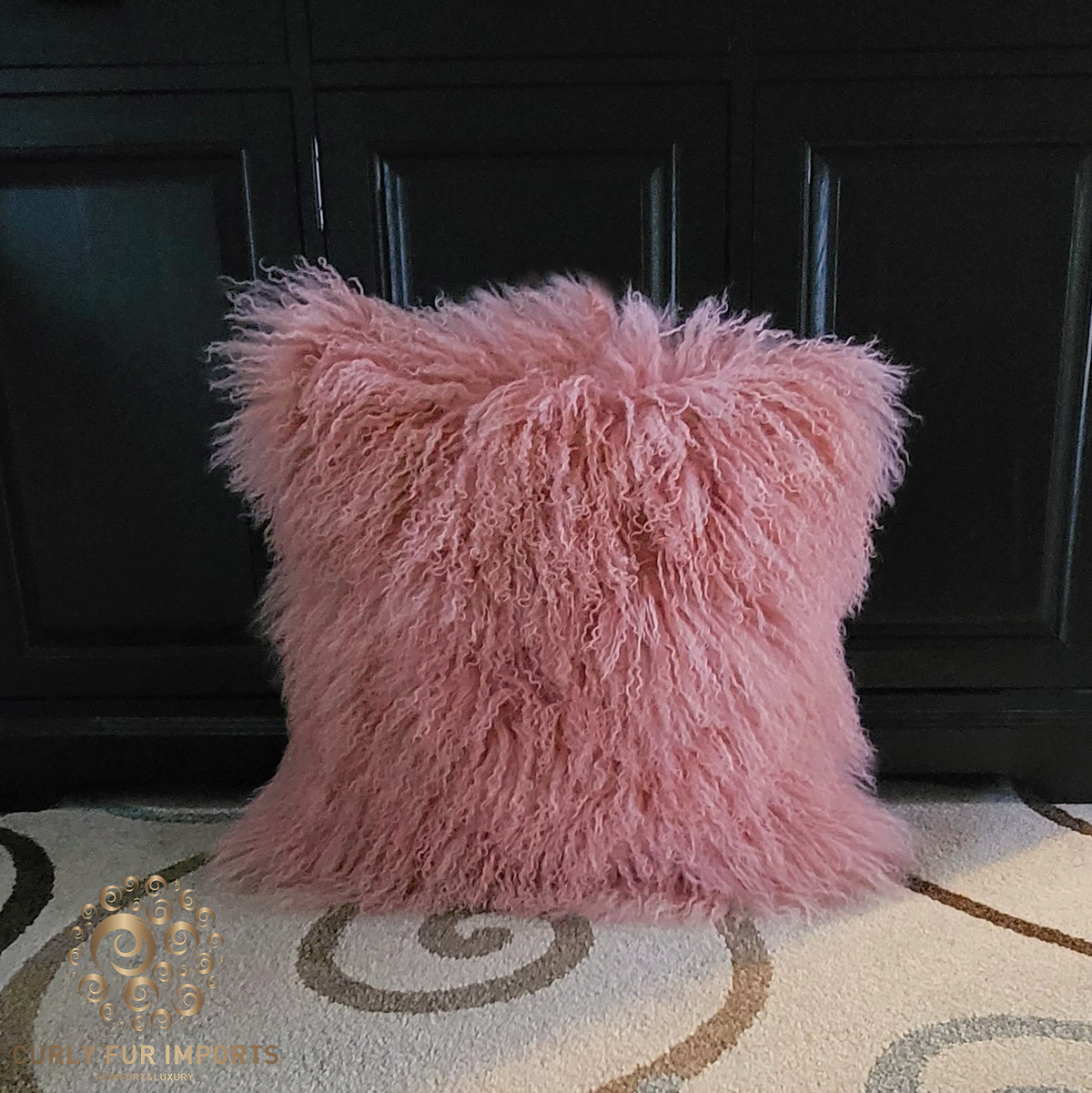 20" x 20" Tibetan Mongolian Lamb Fur Pillow Single Sided — Rose Pink