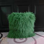 20" x 20" Tibetan Mongolian Lamb Fur Pillow Double Sided — Emerald Green