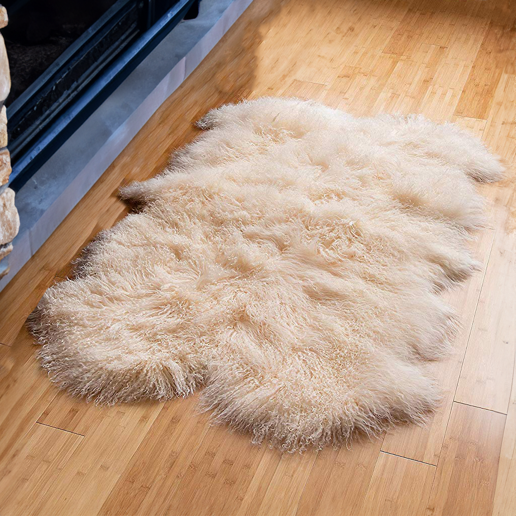 Tibetan Mongolian Lamb Fur 4 pelt Rug — Beige
