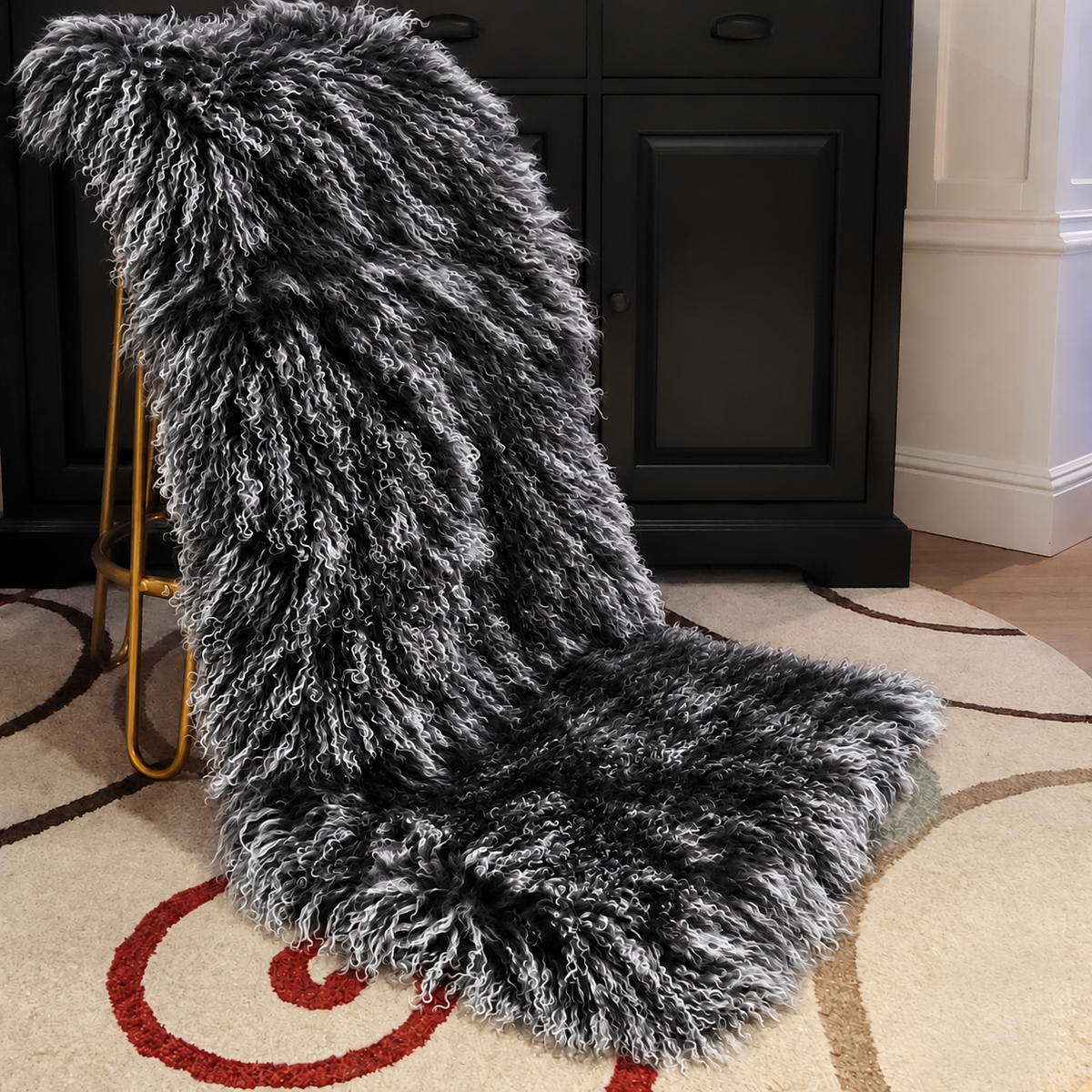 Mongolian/Tibetan Lamb Fur Sheepskin Plate – 2' × 4' - Frosted Black