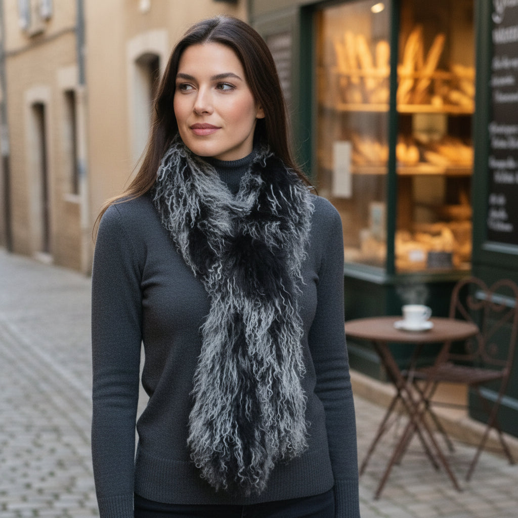Tibetan Mongolian Lamb Fur Boa Scarf — Frosted Black