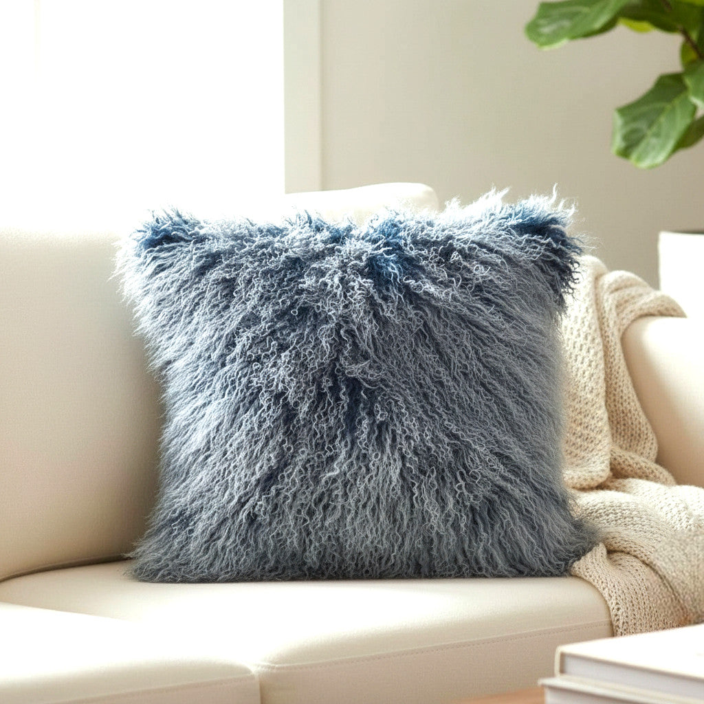 20" x 20" Tibetan Mongolian Lamb Fur Pillow Single Sided — Frosted Blue