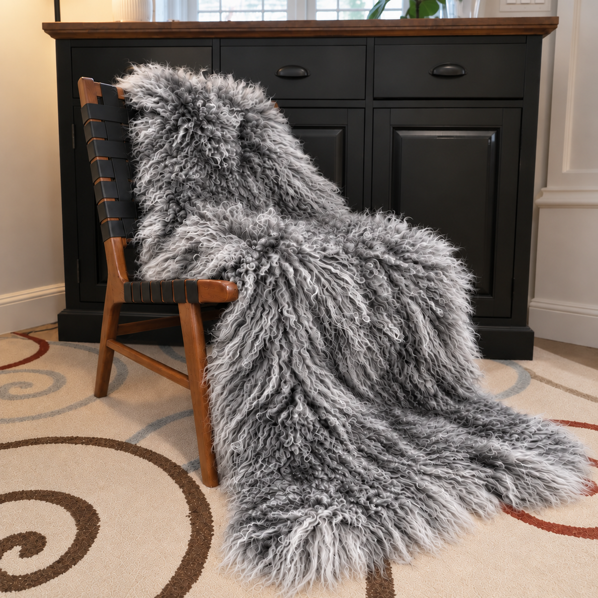 Mongolian/Tibetan Lamb Fur Sheepskin Plate – 2' × 4' - Frosted Grey