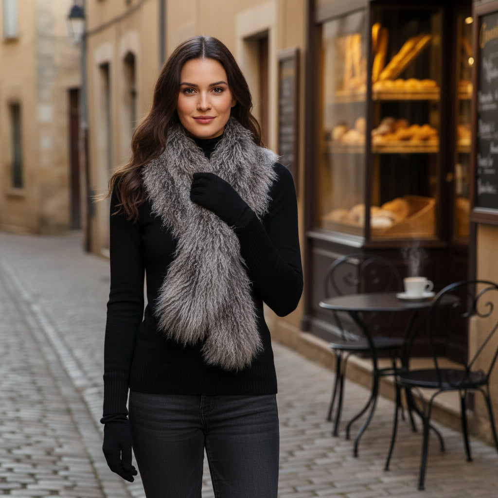 Tibetan Mongolian Lamb Fur Boa Scarf — Frosted Grey