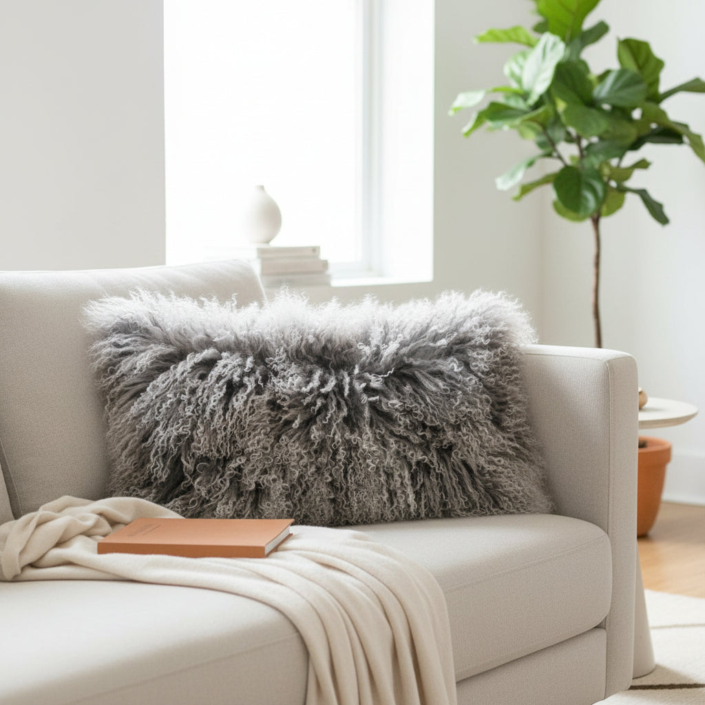 9" x 17" Tibetan Mongolian Lamb Fur Lumbar Pillow Single Sided — Frosted Grey