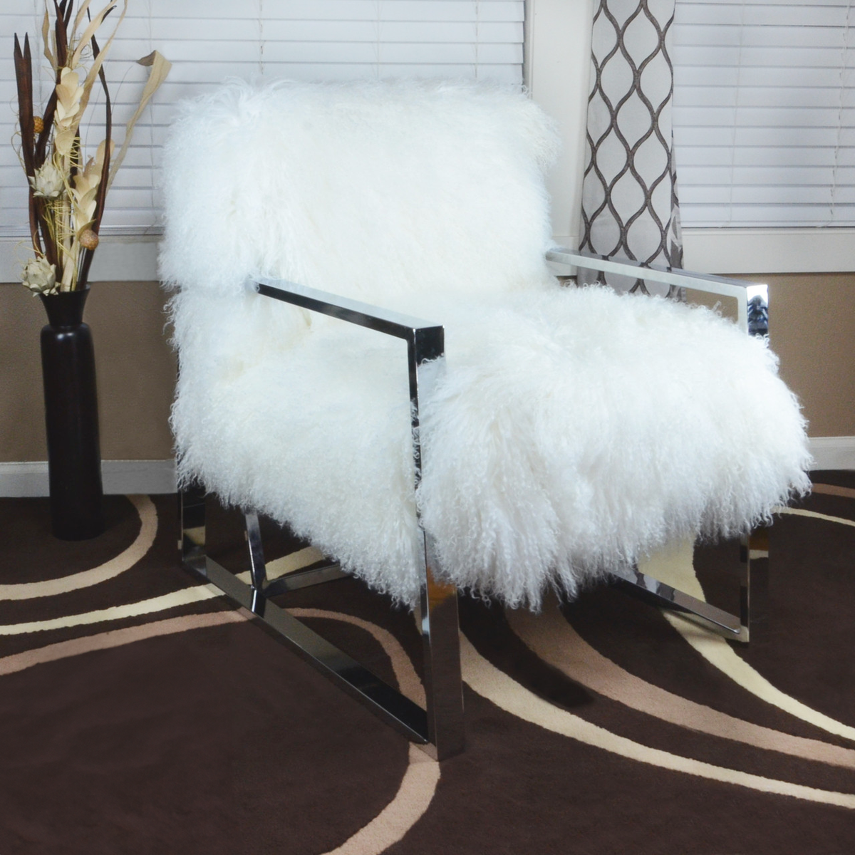 Tibetan Mongolian Lamb Fur Chrome Frame Chair