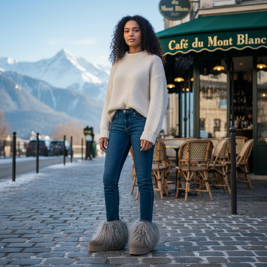 Genuine Mongolian Lamb Fur Sheepskin Platform Boots Grey