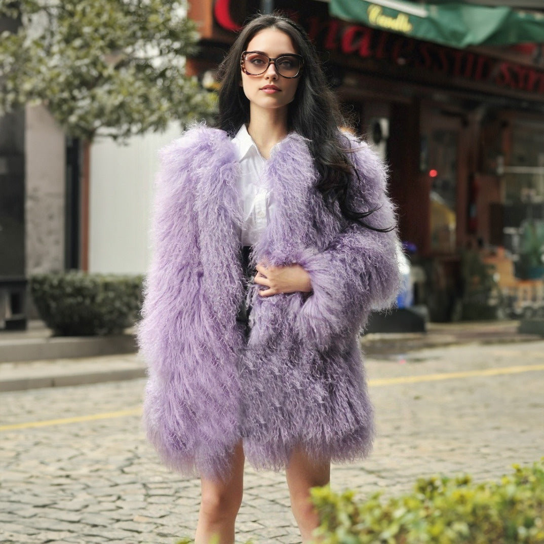 Mongolian/Tibetan Lamb Fur Collarless Coat - 31″ Lilac